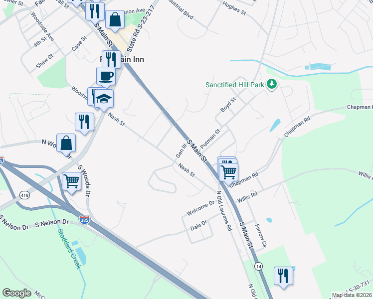 map of restaurants, bars, coffee shops, grocery stores, and more near 577-699 South Main Street in Fountain Inn