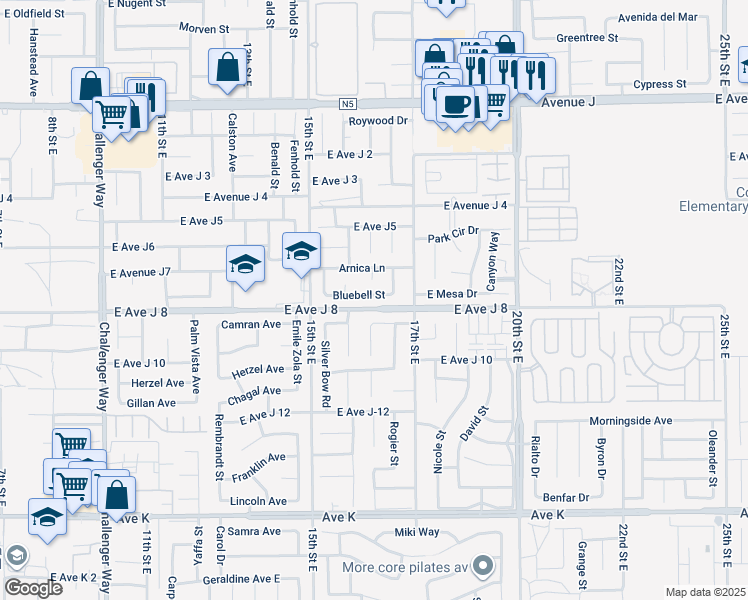 map of restaurants, bars, coffee shops, grocery stores, and more near 1616 Bluebell Street in Lancaster