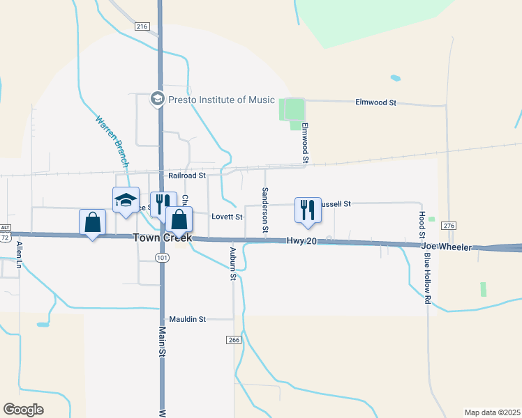 map of restaurants, bars, coffee shops, grocery stores, and more near 431 Sanderson Street in Town Creek