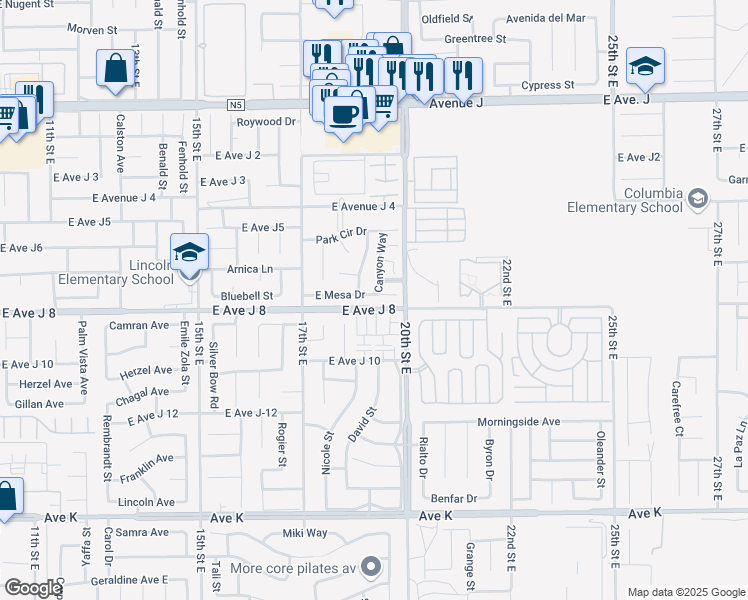 map of restaurants, bars, coffee shops, grocery stores, and more near 1818 East Mesa Drive in Lancaster