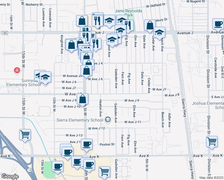 map of restaurants, bars, coffee shops, grocery stores, and more near 44027 Hardwood Avenue in Lancaster