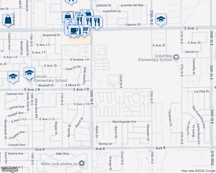 map of restaurants, bars, coffee shops, grocery stores, and more near 2111 East Avenue J 8 in Lancaster