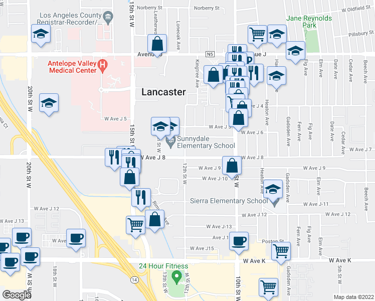 map of restaurants, bars, coffee shops, grocery stores, and more near 1156 West Avenue J7 in Lancaster