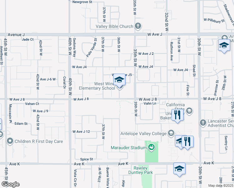 map of restaurants, bars, coffee shops, grocery stores, and more near 44015 36th Street West in Lancaster