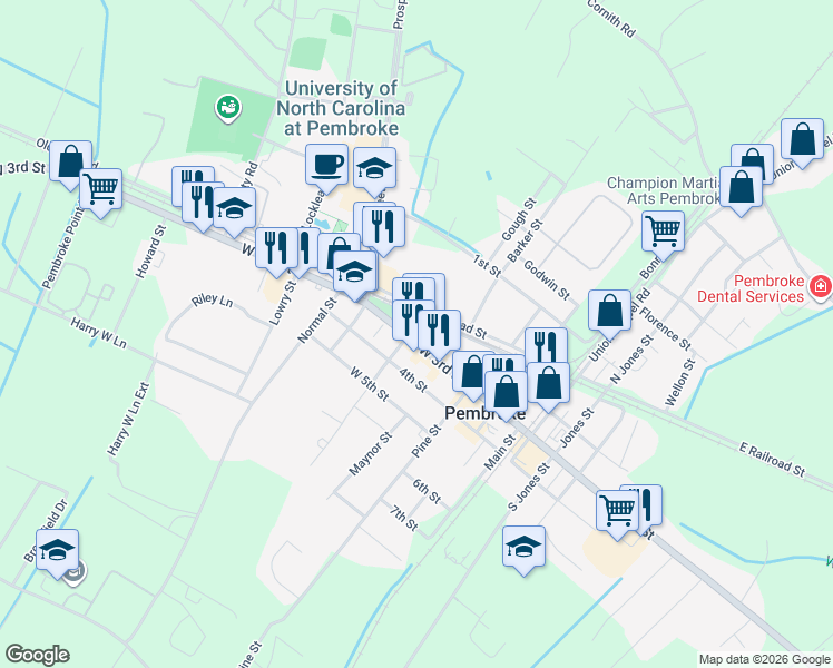 map of restaurants, bars, coffee shops, grocery stores, and more near 301-305 College Street in Pembroke