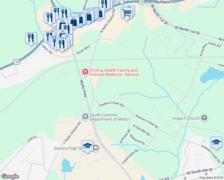 map of restaurants, bars, coffee shops, grocery stores, and more near 12051 North Radio Station Road in Seneca