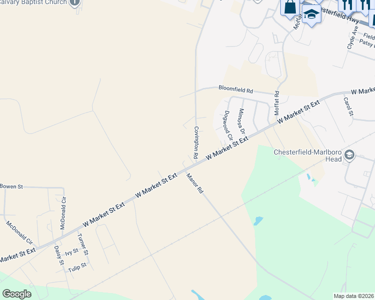 map of restaurants, bars, coffee shops, grocery stores, and more near 2210 West Market Street Extension in Cheraw