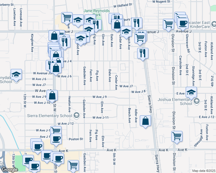 map of restaurants, bars, coffee shops, grocery stores, and more near 44025 Date Avenue in Lancaster