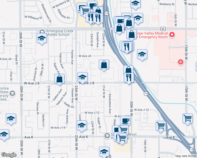 map of restaurants, bars, coffee shops, grocery stores, and more near 44019 22nd Street West in Lancaster