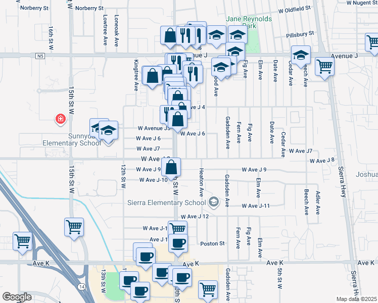 map of restaurants, bars, coffee shops, grocery stores, and more near 44026 10th Street West in Lancaster