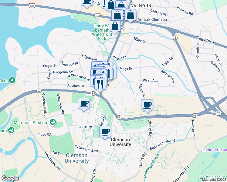 map of restaurants, bars, coffee shops, grocery stores, and more near 113 Earle Street in Clemson