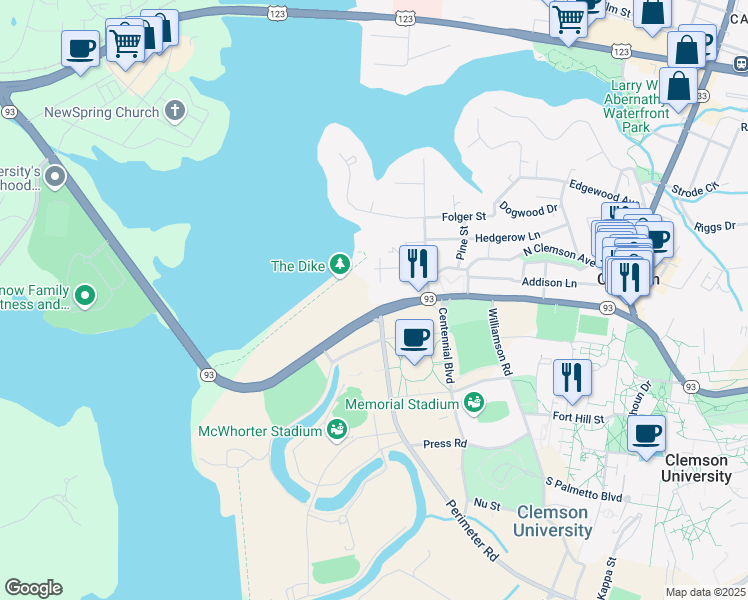 map of restaurants, bars, coffee shops, grocery stores, and more near 105 Old Greenville Highway in Clemson