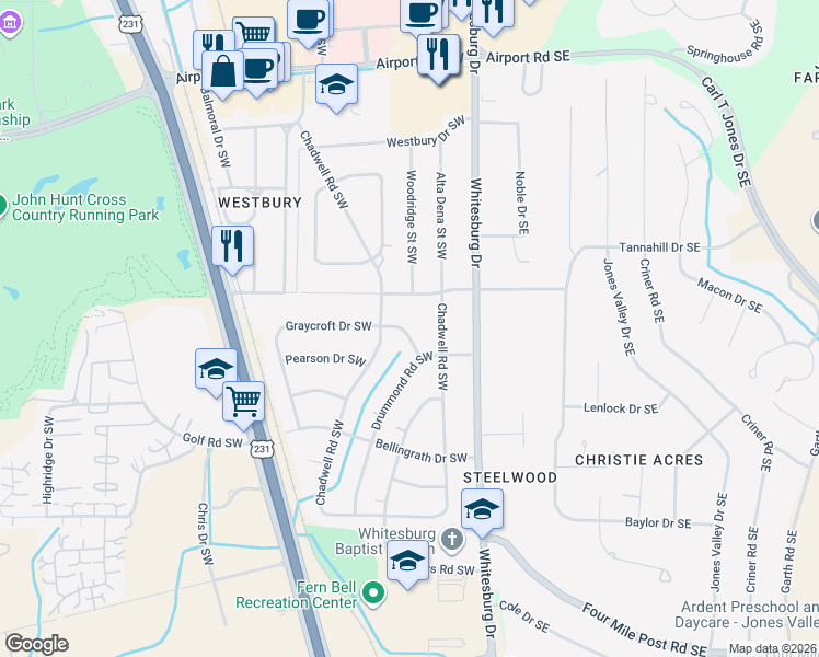 map of restaurants, bars, coffee shops, grocery stores, and more near 322 Graycroft Drive Southwest in Huntsville