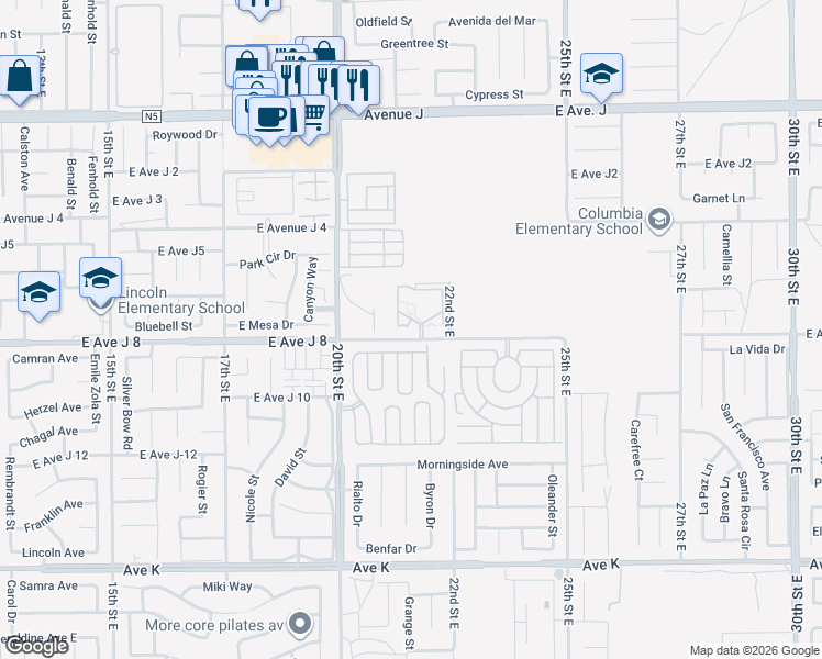 map of restaurants, bars, coffee shops, grocery stores, and more near 2101 East Avenue J 8 in Lancaster