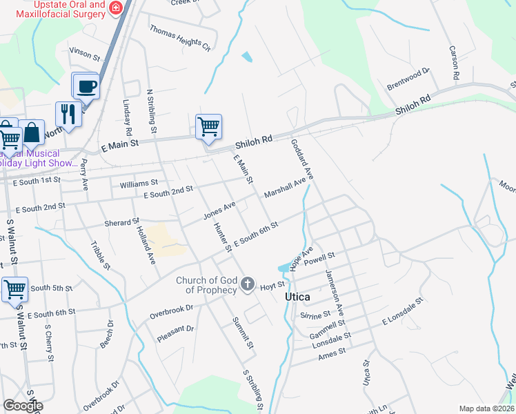 map of restaurants, bars, coffee shops, grocery stores, and more near 1205 East Main Street in Seneca