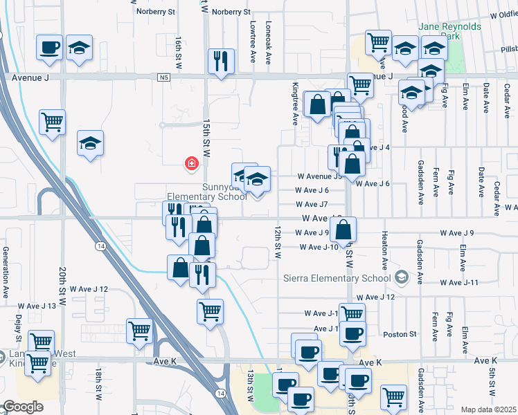 map of restaurants, bars, coffee shops, grocery stores, and more near 1233 West Avenue J-8 in Lancaster