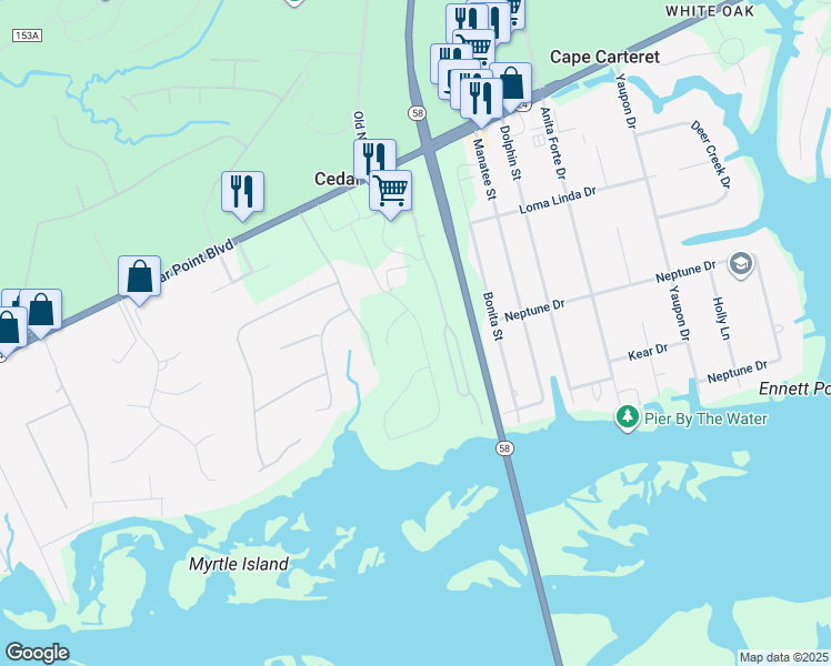 map of restaurants, bars, coffee shops, grocery stores, and more near 240 Coastline Circle in Cedar Point