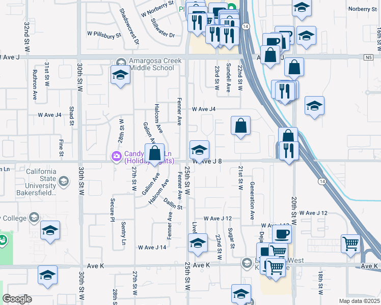 map of restaurants, bars, coffee shops, grocery stores, and more near 44014 25th Street West in Lancaster