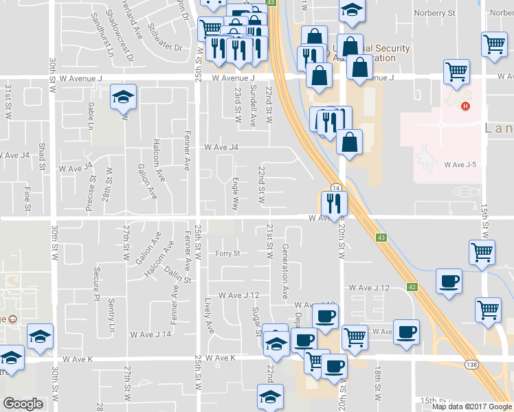 map of restaurants, bars, coffee shops, grocery stores, and more near 44019 22nd Street West in Lancaster