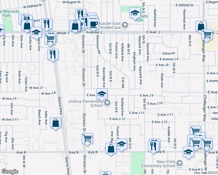 map of restaurants, bars, coffee shops, grocery stores, and more near 249 East Avenue J7 in Lancaster