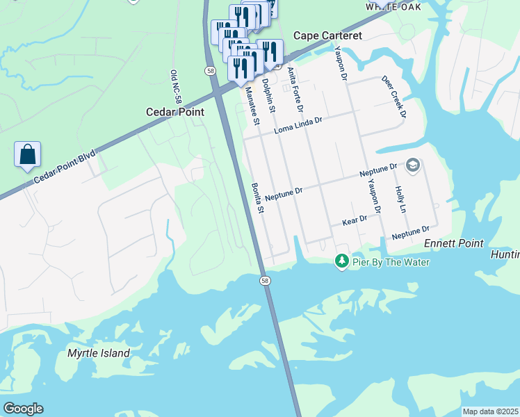 map of restaurants, bars, coffee shops, grocery stores, and more near 312 Bonita St in Cape Carteret