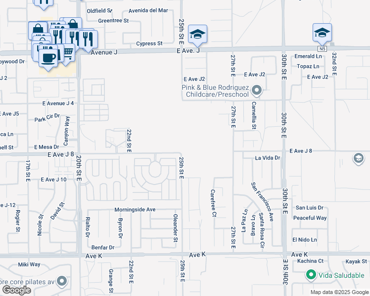 map of restaurants, bars, coffee shops, grocery stores, and more near 2500 East Avenue J in Lancaster