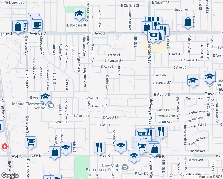 map of restaurants, bars, coffee shops, grocery stores, and more near 44015 Andale Avenue in Lancaster