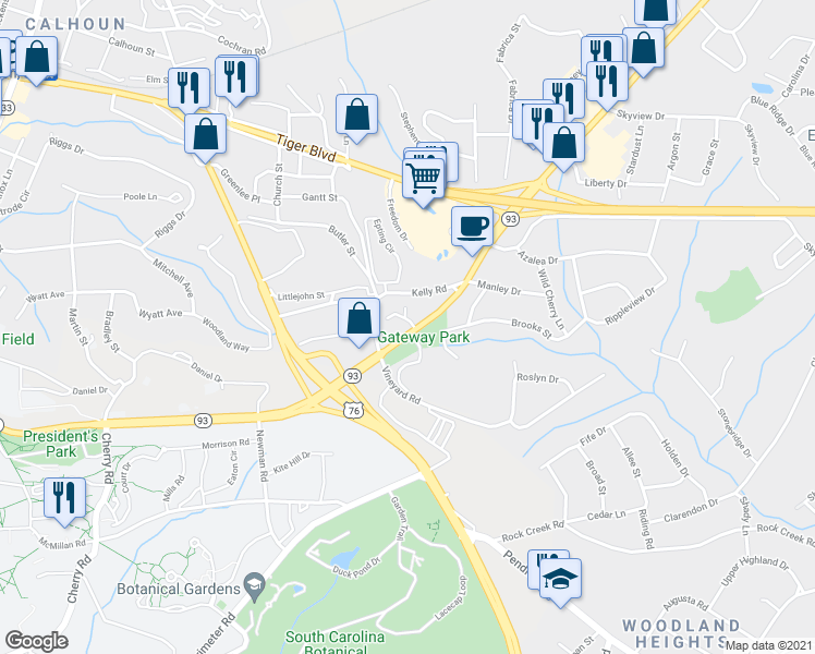 map of restaurants, bars, coffee shops, grocery stores, and more near 345 Old Greenville Highway in Clemson