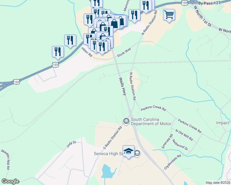 map of restaurants, bars, coffee shops, grocery stores, and more near 15855 Wells Highway in Seneca