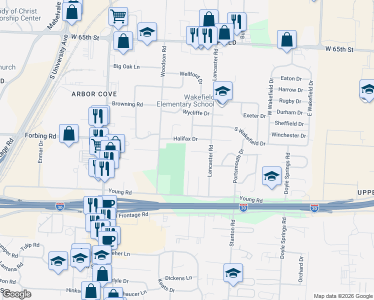 map of restaurants, bars, coffee shops, grocery stores, and more near 5320 Park Village Drive in Little Rock