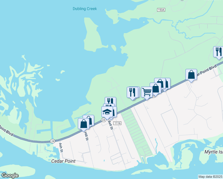 map of restaurants, bars, coffee shops, grocery stores, and more near 236 Bluff Rd in Cedar Point