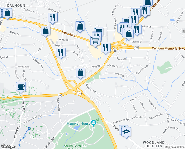 map of restaurants, bars, coffee shops, grocery stores, and more near 343 Old Greenville Highway in Clemson