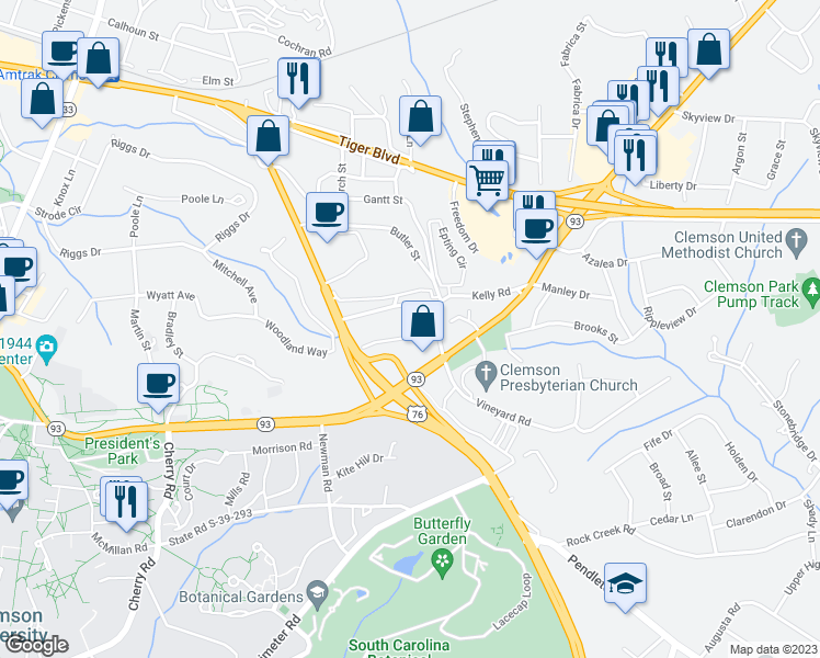 map of restaurants, bars, coffee shops, grocery stores, and more near 122 College Heights Boulevard in Clemson