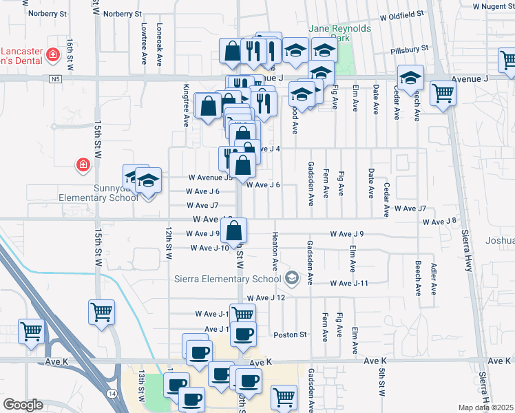 map of restaurants, bars, coffee shops, grocery stores, and more near 44020 Hoban Avenue in Lancaster