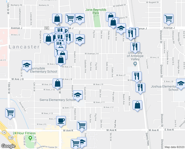 map of restaurants, bars, coffee shops, grocery stores, and more near 44020 Fern Avenue in Lancaster