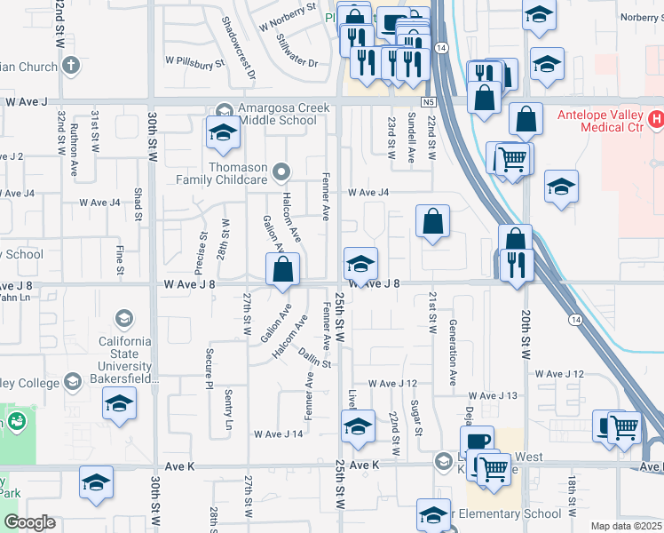 map of restaurants, bars, coffee shops, grocery stores, and more near 44016 Fenner Avenue in Lancaster