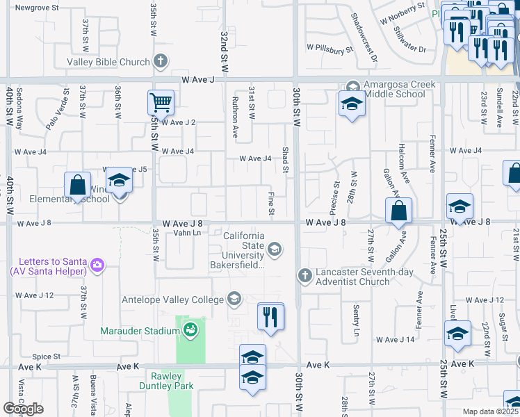 map of restaurants, bars, coffee shops, grocery stores, and more near 44022 31st Street West in Lancaster