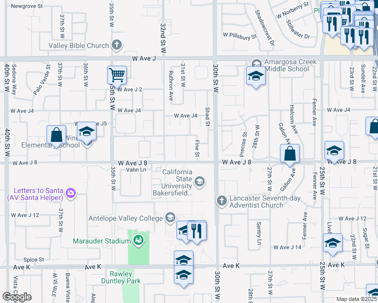 map of restaurants, bars, coffee shops, grocery stores, and more near 44022 31st Street West in Lancaster