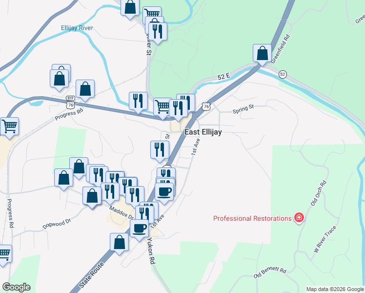 map of restaurants, bars, coffee shops, grocery stores, and more near Willow Street in Ellijay