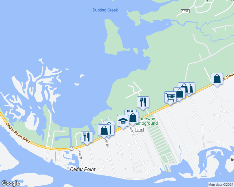 map of restaurants, bars, coffee shops, grocery stores, and more near 236 Bluff Rd in Cedar Point