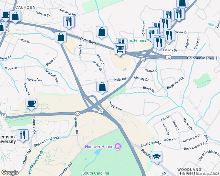 map of restaurants, bars, coffee shops, grocery stores, and more near 102 Kelly Road in Clemson