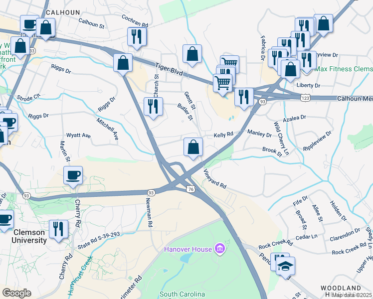 map of restaurants, bars, coffee shops, grocery stores, and more near 114 College Heights Boulevard in Clemson