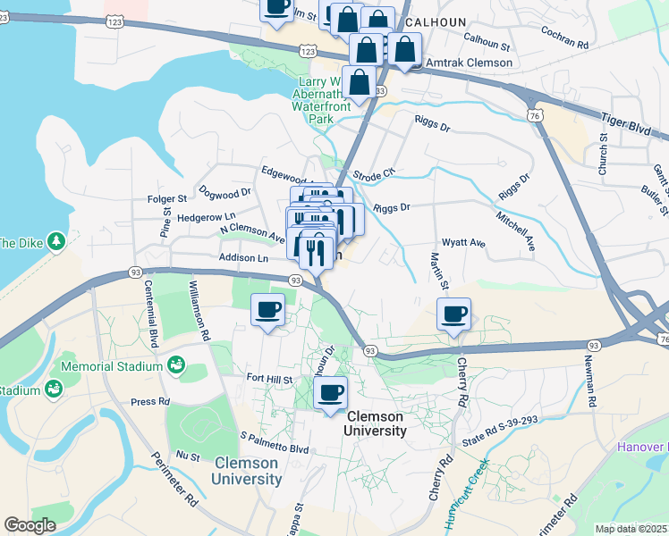 map of restaurants, bars, coffee shops, grocery stores, and more near 113 Earle Street in Clemson