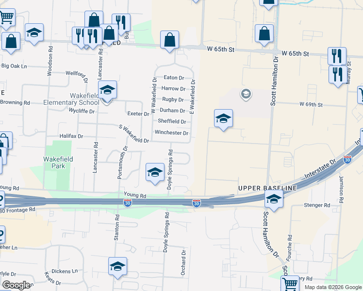 map of restaurants, bars, coffee shops, grocery stores, and more near 3 South Wakefield Drive in Little Rock