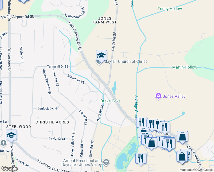 map of restaurants, bars, coffee shops, grocery stores, and more near 1101 Carl T Jones Drive Southeast in Huntsville