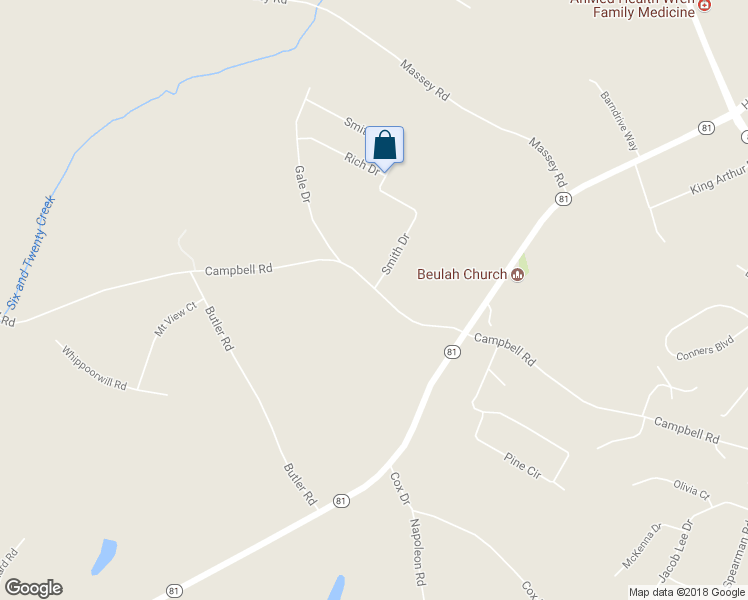 map of restaurants, bars, coffee shops, grocery stores, and more near 675 Campbell Road in Pelzer