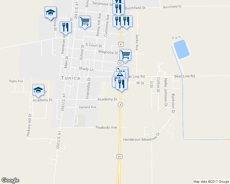 map of restaurants, bars, coffee shops, grocery stores, and more near 1124 U.S. 61 in Tunica