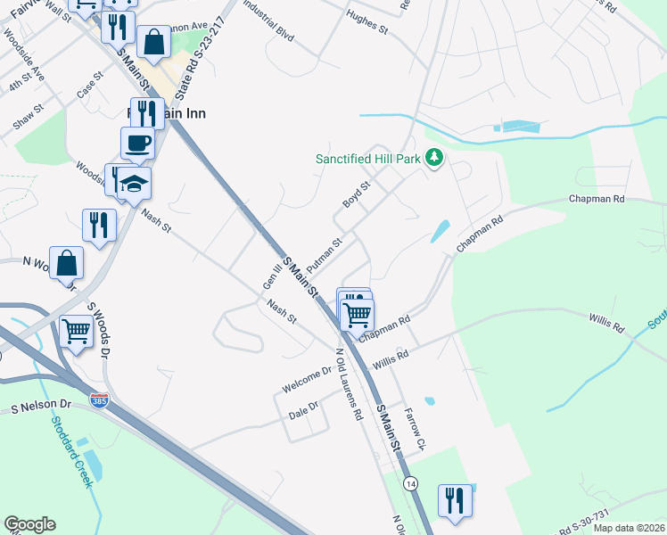 map of restaurants, bars, coffee shops, grocery stores, and more near 104 Laurens Court in Fountain Inn