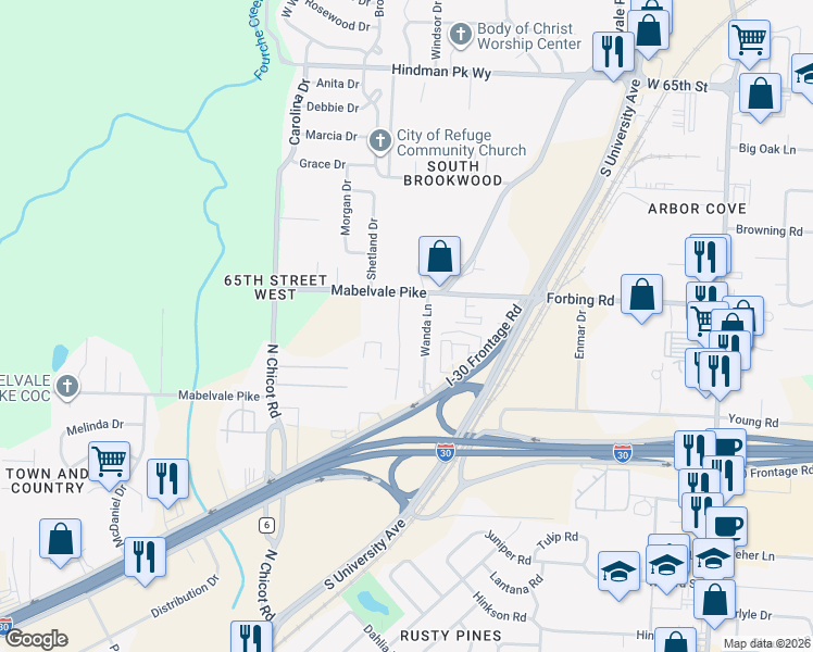 map of restaurants, bars, coffee shops, grocery stores, and more near 7400 Denise Drive in Little Rock