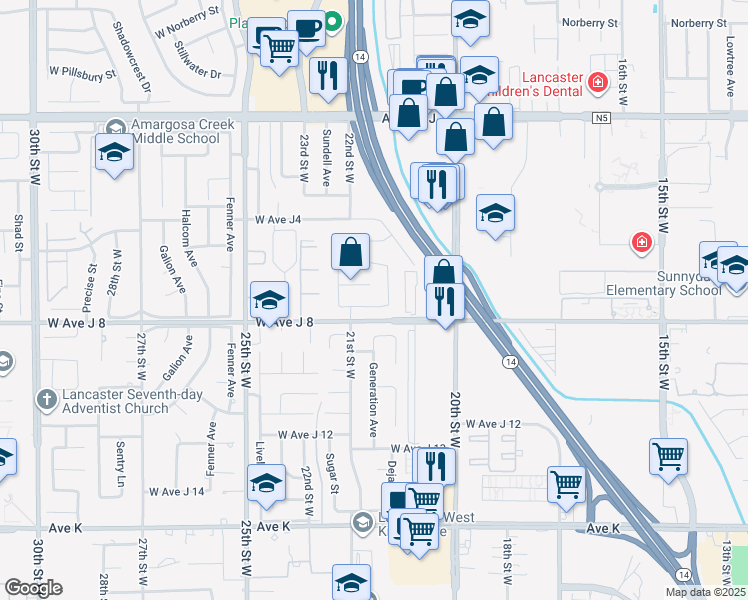 map of restaurants, bars, coffee shops, grocery stores, and more near 2039 West Avenue J7 in Lancaster